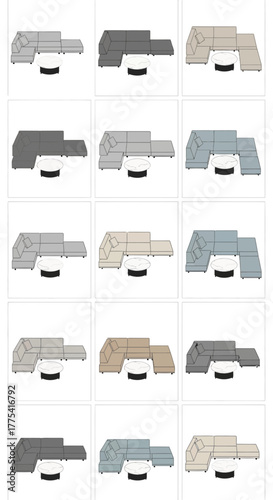 Sectional sofas and coffee tables in various colors.