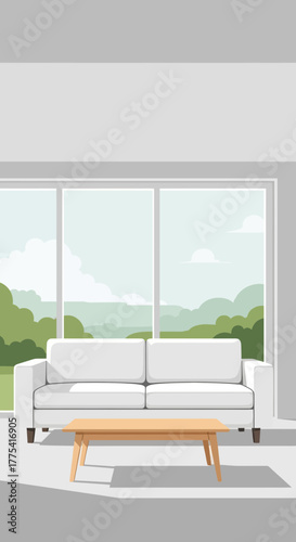 White sofa and wooden table in front of large windows with landscape view.