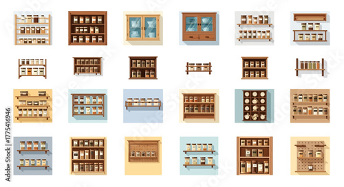 Various wooden shelves displaying jars and containers of food items.