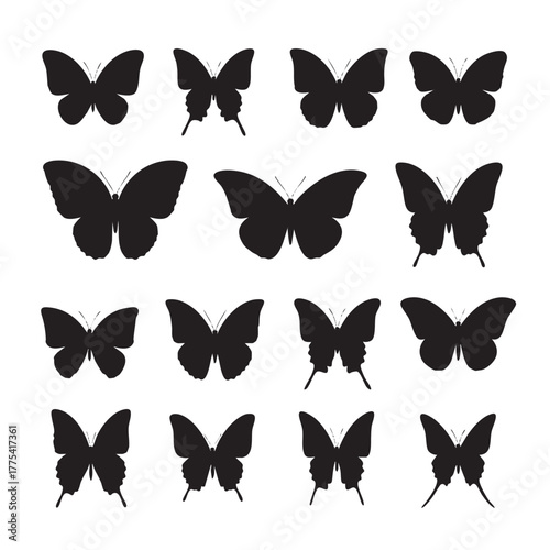 Collection of twelve black butterfly silhouettes arranged in four rows of three on a white background