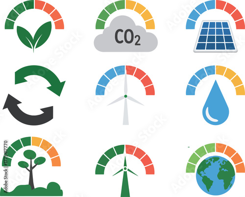 ESG dashboard with dynamic gauges showing renewable energy solar panels wind turbines water conservation carbon dioxide reduction and plant growth