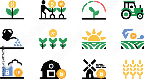 agricultural-themed icons features a sprouting plant with wheat, a person planting seedlings, a growth progress meter alongside a tractor and more.