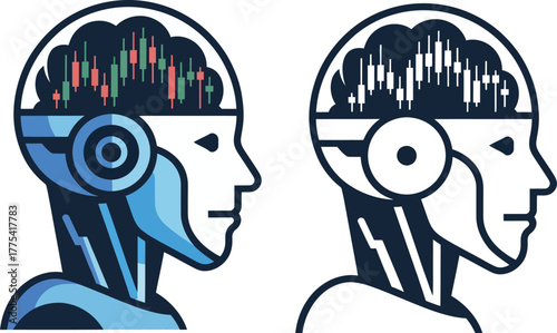 Profile dual AI heads with internal candlestick brain analytics