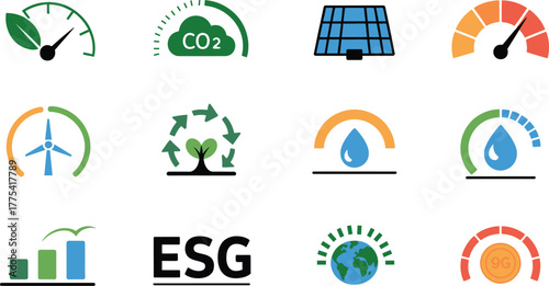 Grid of Environmental ESG Icons Featuring Renewable Energy  CO2 Sustainability Symbols and More