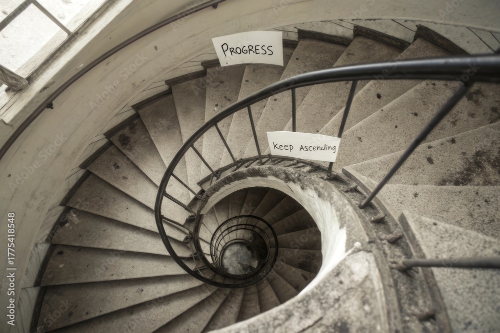 Fototapeta premium Spiral Staircase Ascending Viewed From Above Depicting Progress