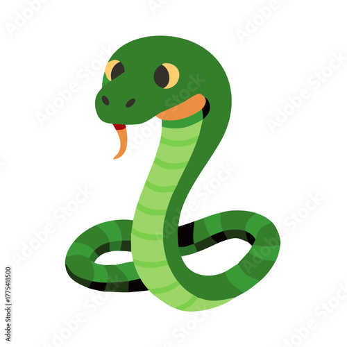 Playful green serpent coiled and curious, with a flicking tongue and friendly eyes, perfect for whimsical designs and educational content.