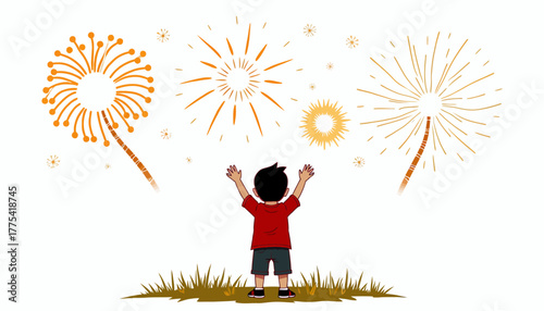 A young child standing on grass marveling at a vibrant fireworks display with colorful bursts illuminating the night sky in a spectacular array of light and wonder