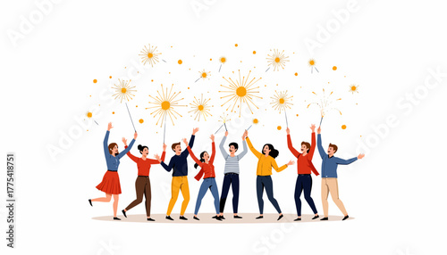 Joyful Group Celebration with Fireworks in a Festive Atmosphere Highlighting Happiness and Togetherness Among Friends Engaged in Exciting Festive Activities