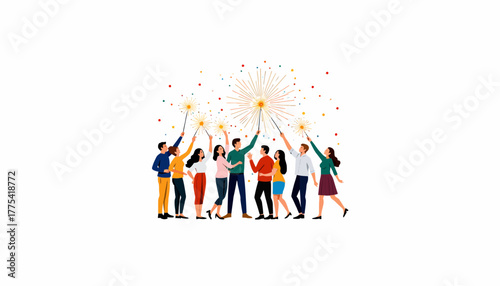 Illustration of a Diverse Group of People Celebrating with Fireworks in a Festive Outdoor Gathering Under a Clear Night Sky