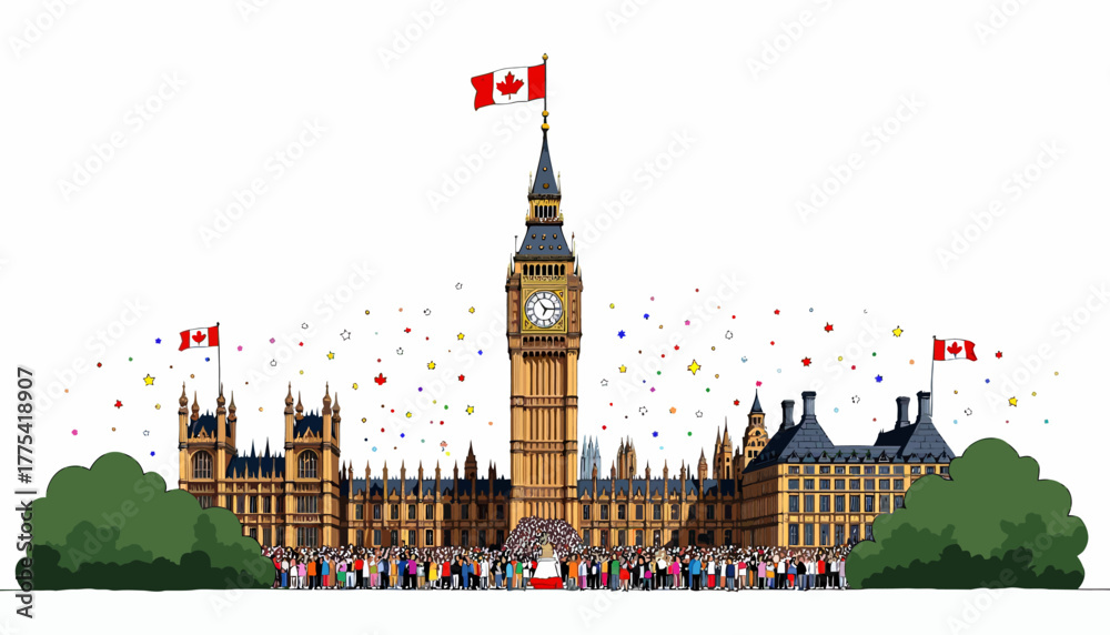 Fototapeta premium Illustration of the Iconic Big Ben with Crowds and Canadian Flags Celebrating in Front, Surrounded by Lush Greenery and Vibrant Confetti in the Sky