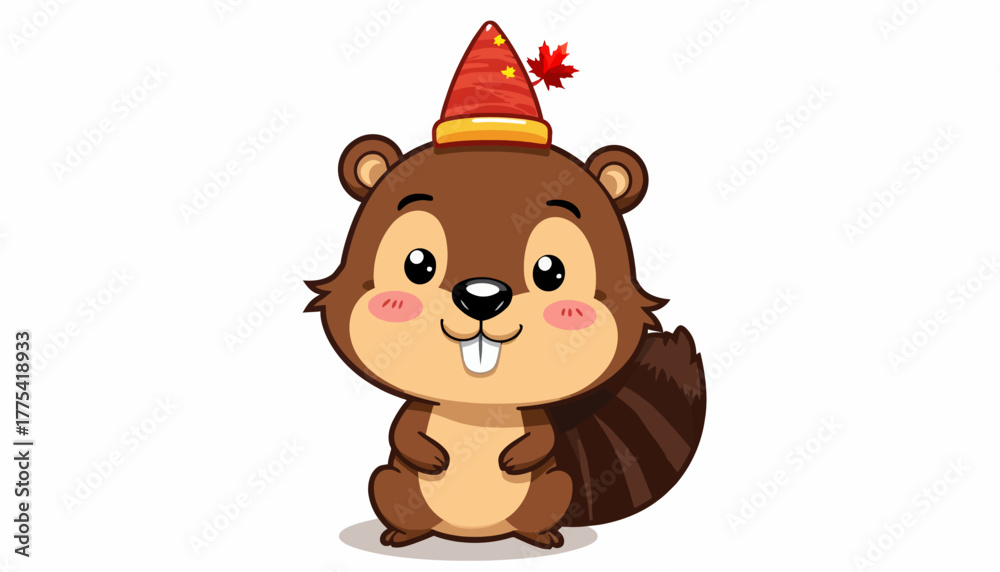 Obraz premium Adorable Cartoon Beaver Wearing a Festive Hat with a Maple Leaf on a Clean White Background