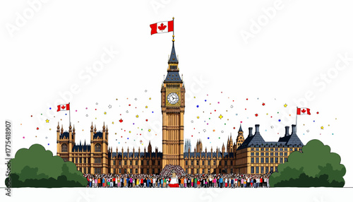 Illustration of the Iconic Big Ben with Crowds and Canadian Flags Celebrating in Front, Surrounded by Lush Greenery and Vibrant Confetti in the Sky