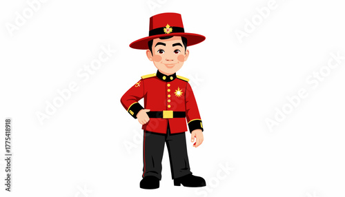 Illustration of a Smiling Cartoon Character Dressed in a Distinctive Red Uniform with a Hat and Black Boots Standing Confidently Against a White Background