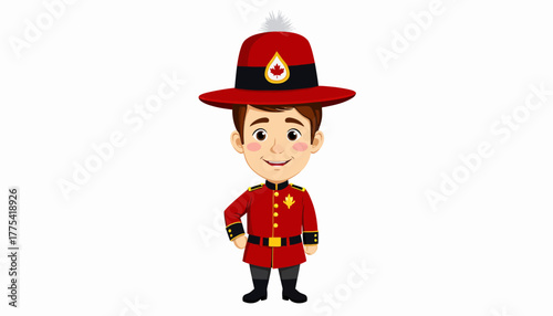 Illustration of a Smiling Child in Traditional Red Mountie Uniform with Iconic Hat and Badge