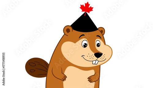 Illustration of a cheerful beaver wearing a festive party hat with a red maple leaf emblem symbolizing Canadian celebration or holiday theme
