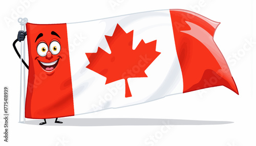 Playful Cartoon Character Holding a Large Colorful Canadian Flag with Animated Facial Expression Reflecting Joy and Patriotism