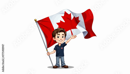 Animated illustration of a cheerful young boy proudly waving a large maple leaf flag, symbolizing patriotism and national pride in a joyful and vibrant manner