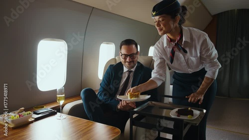 Friendly flight attendant offering dessert choices from a serving trolley to a successful businessman traveling on a luxurious private jet, enjoying a comfortable and exclusive journey