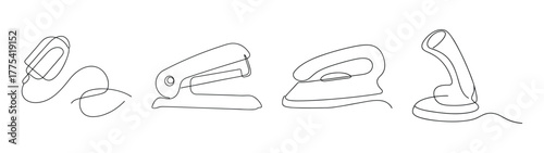 Set of four line art drawings depicting a docking station and associated components.