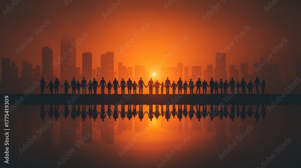 Fototapeta premium Silhouetted people stand holding hands, reflecting in still water, city backdrop. Represents unity, community, teamwork, and global connections for social topics.