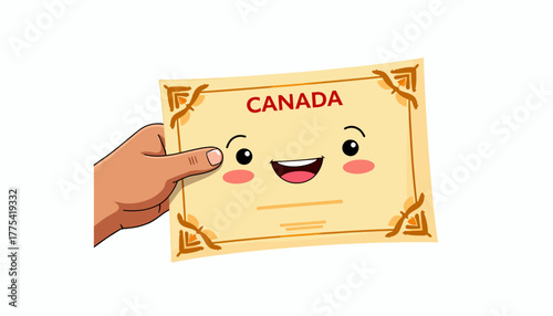 Cheerful Cartoon Certificate Held by Hand Featuring Face and Canada Inscription