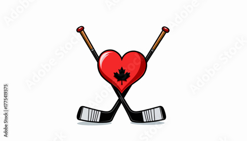 Two Hockey Sticks Crossed with a Red Heart in the Center Featuring a Maple Leaf Icon Depicting Passion and Love for Hockey in Canadian Culture