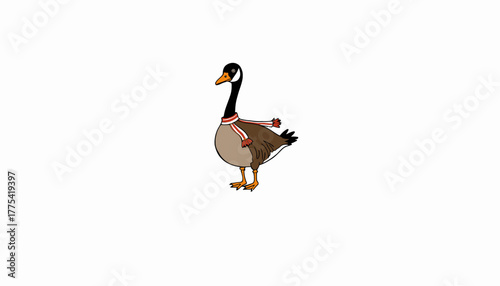 Illustration of a Goose Wearing a Red Scarf with White Stripes Standing Against a Plain White Background