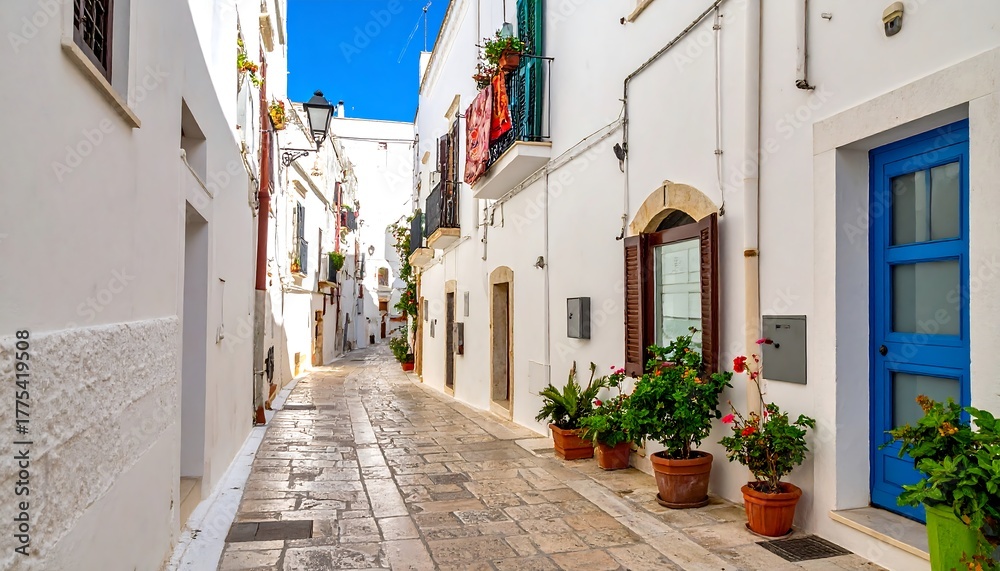 Fototapeta premium Narrow, sunlit street lined with white buildings and colorful details like bright blue doors, potted plants, and balconies. The cobblestone path leads into the distance