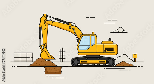 Vector icon of an excavator digging ground for foundation work.