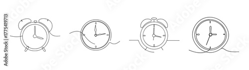 Collection of four hand-drawn style desk clock and time illustrations