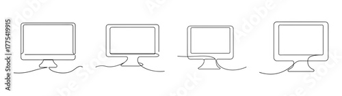 Four simplified line art computer monitors with abstract forms