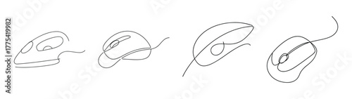 Set of four sketches showing different computer mouse designs and angles