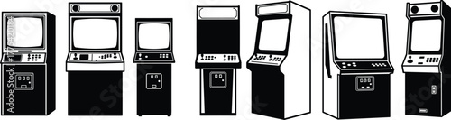  Arcade machine vector set, retro gaming cabinets, joystick and button layouts, vintage game console designs, entertainment technology, pixel art style, stock illustration