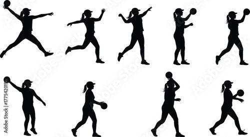 Athlete silhouettes with ball, sports action poses, running, throwing, catching, dynamic motion, handball or dodgeball, active lifestyle, fitness training, competitive game illustration