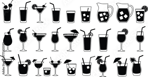 Black and white drink icon set, cocktail silhouette collection, beverage glass vector, juice and soda illustrations, bar menu design elements, minimal style
