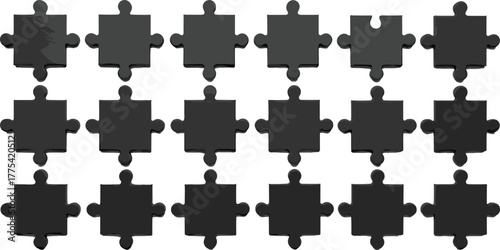 Black puzzle piece set, glossy vector jigsaw elements, isolated interlocking shapes, abstract game design, editable template for pattern, logic, solution concepts