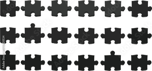  Black puzzle piece set, isolated vector icons, interlocking shapes for game design, logic concept, spatial reasoning, abstract connection, editable template