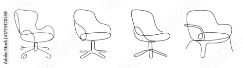 Collection of office chair line art sketches in various views