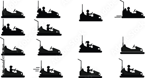 Bumper car silhouettes, amusement ride vector, stick figure people, motion icons, fun fair attraction, black graphic set, side view illustration