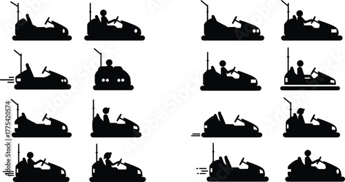 Bumper car silhouettes, amusement park ride icons, vector people driving, fun fair attraction, black isolated illustrations, motion and static poses, playful activity