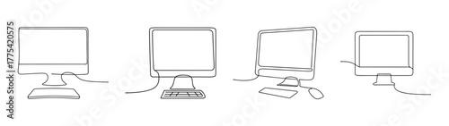 Office computer setups line art sketches showing different desk configurations