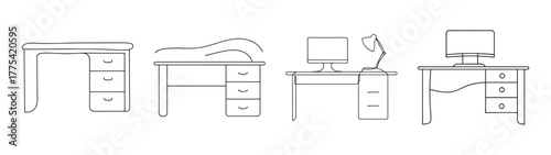 Various office desk designs showcasing drawers and work surfaces