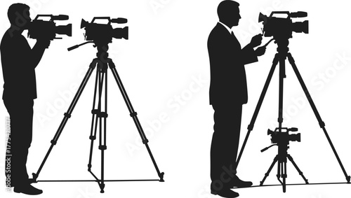 Camera operator silhouette vector illustration, videographer filming, tripod camera