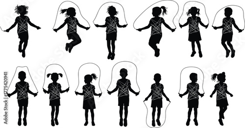 Children jumping rope silhouettes, active kids vector, outdoor play, childhood exercise, group activity, fitness fun, diverse poses, healthy lifestyle, motion illustration