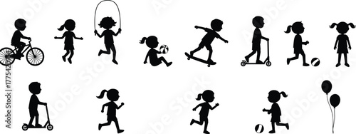 Children activity silhouettes, kids playing vector, outdoor fun icons, running, cycling, skateboarding, scooter riding, jumping rope, ball games, black illustration set