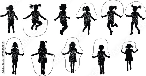 Children jumping rope, silhouette kids activity, playful exercise poses, diverse child figures, outdoor fun, energetic movement, fitness playtime, healthy lifestyle illustration