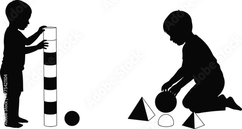 Children playing with geometric shapes, early learning activity, spatial reasoning, preschool education, cognitive development, vector illustration, isolated icons, editable design