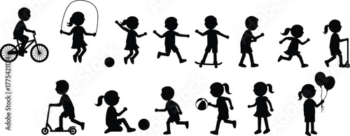 Children silhouettes playing outdoors, kids riding bicycle, jumping rope, running, walking, holding balloons, active lifestyle, fun childhood activities, playful group illustration