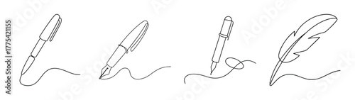 Four vintage quill pen nib ink strokes elegant script writing style elements