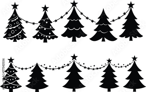 Christmas tree silhouette vector illustration, decorated and plain holiday trees, festive ornaments, star garland, seasonal design, winter celebration, black silhouette, festive decoration